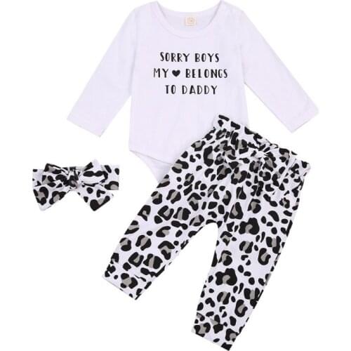 Baby Girls Leopard Outfit Letter Print Romper Bodysuits Pants Headband Newborn Set Cotton Infant Clothing