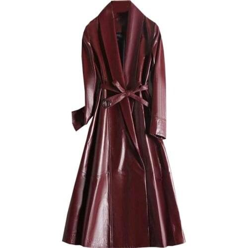 Genuine Sheepskin Leather Suede Slim Coat Autumn Women X-Long Trench Outerwear Dress Suit LF21008BM