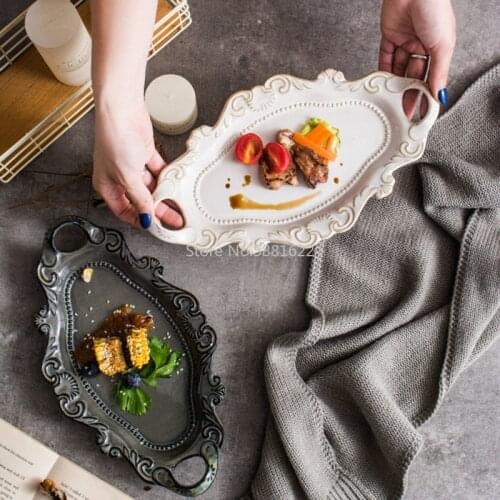 Christmas Ceramic Plate Western White Dish Tableware Embossed Double Ear Tray With Kiln Glaze Dinnerware Brown Tray Fish Plate