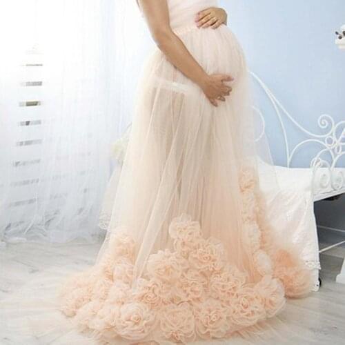 Champagne 3D Flower Tulle Skirts For Pretty Pregnant Illusion Elastic Waistband Plus Size Long Tulle Skirts Women Maternity