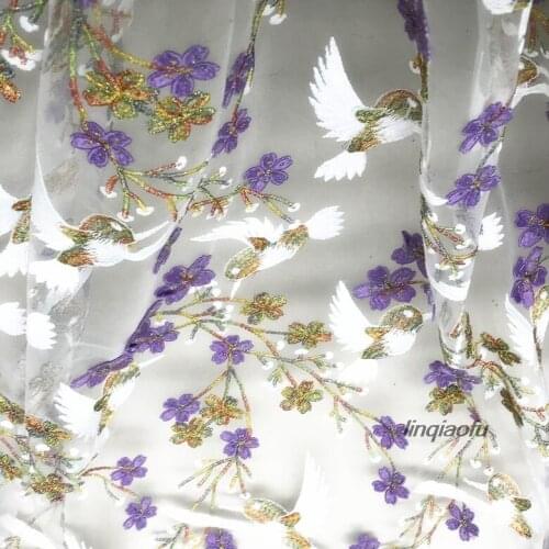 Three-dimensional pink purple color metal line bird peach embroidery lace dress fabric Wedding dress fabric