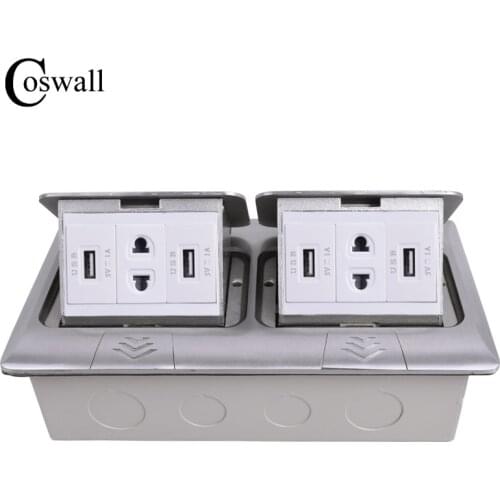 COSWALL All Aluminum 2 Way Panel Pop Up Floor Socket Universal 4 Hole Power Outlet With 4 USB Charging Port For Mobile Phone