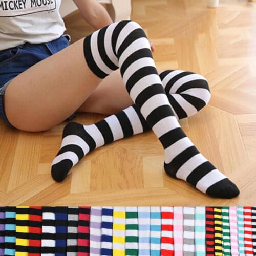 Womens Fashion Over Knee Slim Stockings Sweet Cute Plus Size Socks Girls Thigh High Stockings Long Stripe Printed Cotton Socks