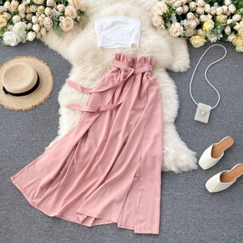 SINGREINY Women Summer Holiday Suit Sexy Sleeveless Off Shoulder Strapless Short Tops+High Waist Split Skirts Two Pieces Set