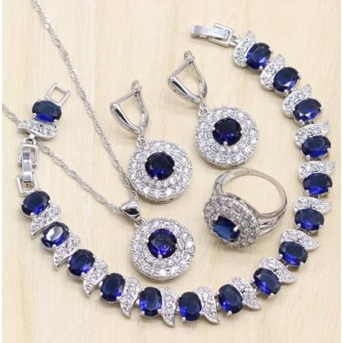 Dubai Blue Zircon Bridal Silver Color Jewelry Sets Women Necklace Ring Earrings Natural Stones Bracelets Jewelery Gift Box