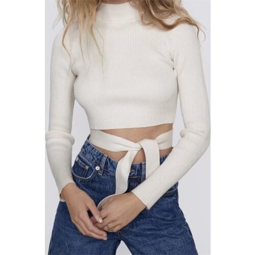 ZXQJ Women 2021 Fashion Slit Design Open Back Butterfly knot Sweater Vintage O Neck Long Sleeve Female Pullovers Chic Tops