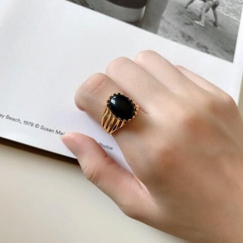 18K GOLD Authentic S925 Sterling Silver Jewelry Black Agate oval stone Solitaire rings Adjust TLJ1329