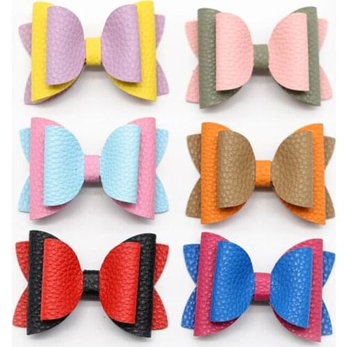 2PCS 3in Candy Colourful Lovely Bow Elegant Hairpins Cute Leather Hair Accessories Girls Kids Women Handmade Color Mix Hair Clip