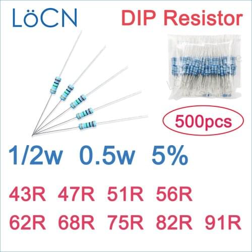 500pcs 5% 1/2W Carbon Film Resistor DIP 43R 47R 51R 56R 62R 68R 75R 82R 91R OHM Color ring 0.5w