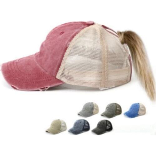 Women Summer Ponytail Hat Patchwork Distress Messy Bun Baseball Cap Hip Hop Female Mesh Trucker Hat Washed Summer Snapback Hat