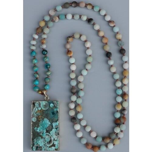 EDOTHALIA Rectangle Blue Ocean Pendant Necklace For Women 6MM Matte Amazonite Stone & Snake-skin Stone Bead Knotted Necklace