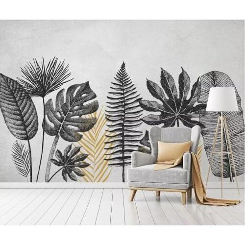 European type revives ancient ways nostalgic black banana leaf leaf wall of sitting room setting draws wallpaper