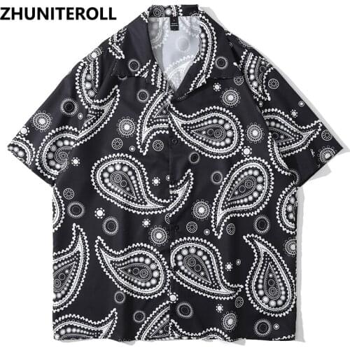 Harajuku Hawaiian Shirt Men Hip Hop Big Paisley Print Streetwear Beach Shirt Button Up Summer Short Sleeve Casual Tops Shirt