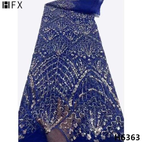 HFX New high quality beads+ sequin embroidery lace fabric navy African beaded fabric lace for wedding dress evening dress H3912