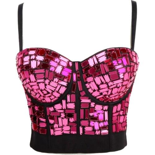 Ins style 2020 new Bead Bustier Women Tank Top Backless Fuchsia Sequined Night Club Party Halter Crop Top Stre