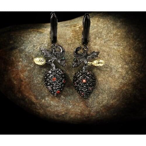 Italy Jewelry Vintage Flower Bud Inlay Ruby 925 Silver Earrings Fashionable Black Gold Earrings Wedding Jewelry Gift