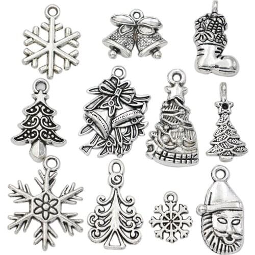 KJjewel Antique Silver Plated Christmas Tree Bow Snowflake Charms Pendants for Jewelry Making Christmas Gift Accessories DIY