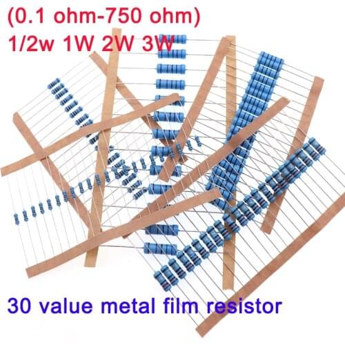 1/2W 1W 2W 3W Metal Film Resistor Assorted Set 30 Value (0.1 ohm-750 ohm) , 1% colored ring resistance kit 27R 270R 7.5R 75R