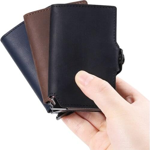 BISI GORO 2021 Automatic Card-style Bank Card Holder Crazy Horse Leather Pattern Mini Fashion Mens Wallet Business Purse Box