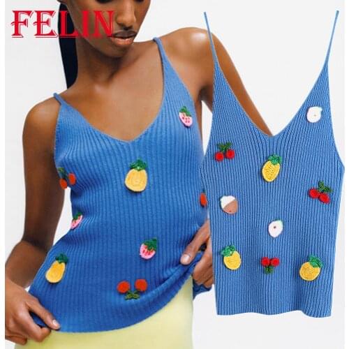 FELIN Za Fashion 2021 Fruit Appliques Women Tanks Slim Knitted Cotton Solid Blue Croset Mujer Mujer Tops