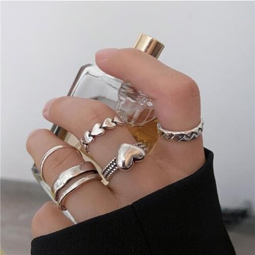 Vintage Punk Heart Opening Rings Set For Women Men 5PCS Geometric Silver Color Knuckle Ring Unisex Finger Joint Ring Jewelry