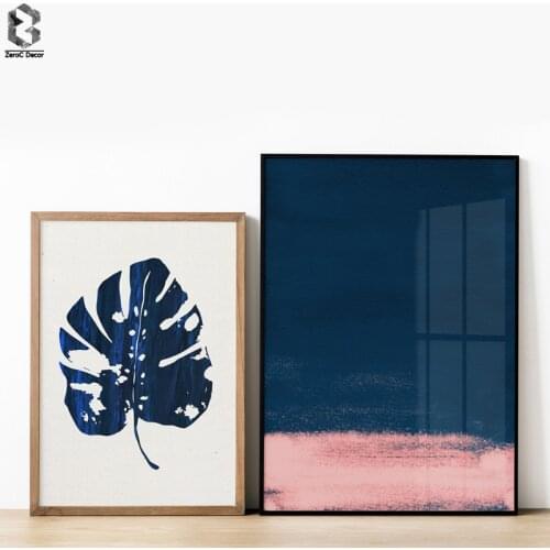 Nordic Decoration Leaf Wall Art Canvas Poster and Print Blue and Pink Abstract Painting Picture for Living Room Home Decor