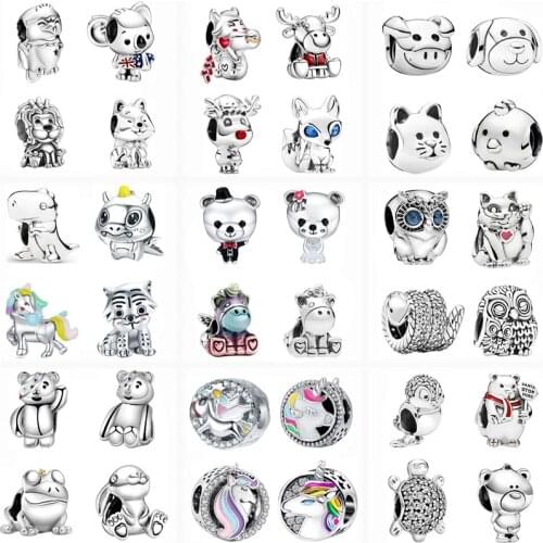 2021 New Silver Color Elk Lion Koala Bald Eagle Dog Unicorn Frog Animal Beads Fit Original Pandora Charms Bracelet Women Jewelry