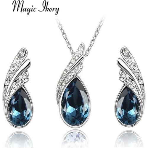 Magic Ikery Carina New Arrival Crystal Water drop leaves Earrings necklace jewelry sets Classic Wedding Jewelry for women