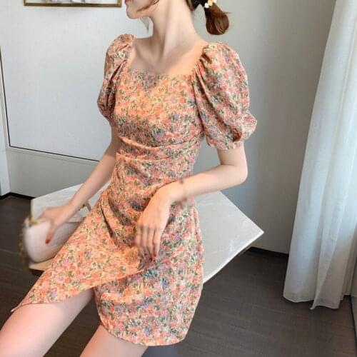 Summer Fashion Dress Women Square Collar Floral Printing High Waist Tighten Short Sleeve Dress Female Clothes
