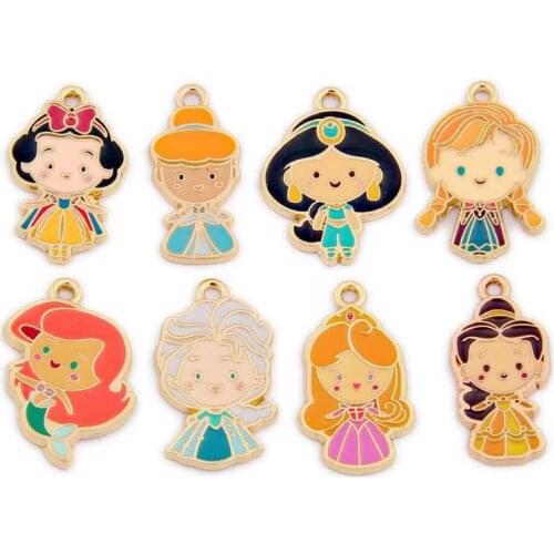 8Pcs Cute Girls Enamel Charms Drop Oil Cartoon Princess Pendants Earring Bracelet Finding Fit Jewelry Making Accessories