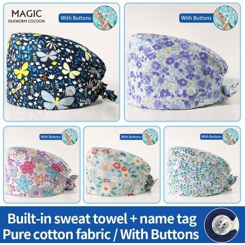 Cartoon Printing Medical Surgical Hat Cotton Operating Room Cap Sweat-absorbent Pet Hospital Doctor Work Hats Button Nursing Cap