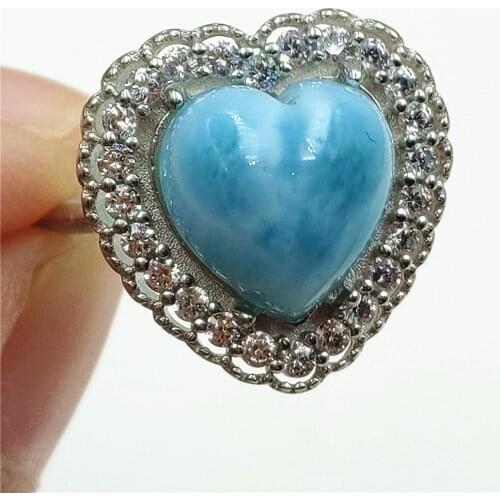 Namibia Natural Larimar Blue Dominia Heart Adjustable Ring Water Pattern 10x10mm Larimar 925 Sterling Silver AAAAAA
