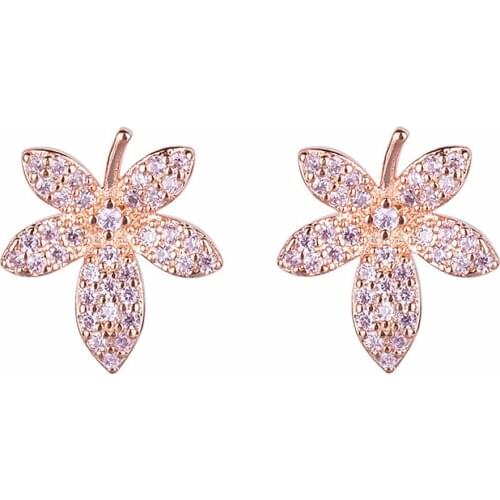 Fashion chic maple leaf crystal zircon diamonds gemstones stud earrings for women girl 14k rose gold color jewelry accessories