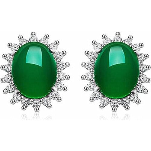 Fashion green jade emerald gemstones zircon diamonds stud earrings for women white gold silver color brincos jewelry bijoux gift