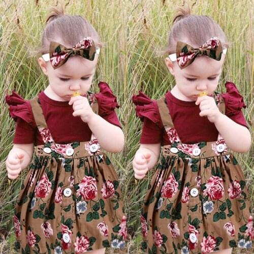 TELOTUNY Childrens clothing 3Pcs Baby Toddler Girls Kids Short Sleeve Ruffles Romper +Headband+Floral strap dress Outfits Set