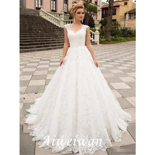 A-Line Wedding Dresses V Neck Sweep / Brush Train Lace Tulle Strapless Country with 2021