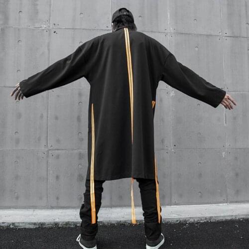 Men autumn winter orange ribbons drawstring punk hip hop trench coat long jacket man harajuku oversize cloak drop shipping