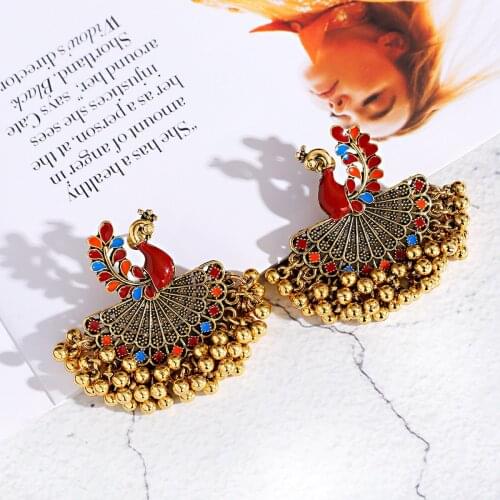 Vintage Red Peacock Dripping Oil Bollywood Oxidized Earrings For Women Boho Ethnic Sector Bells Tassel Dangle Earrings