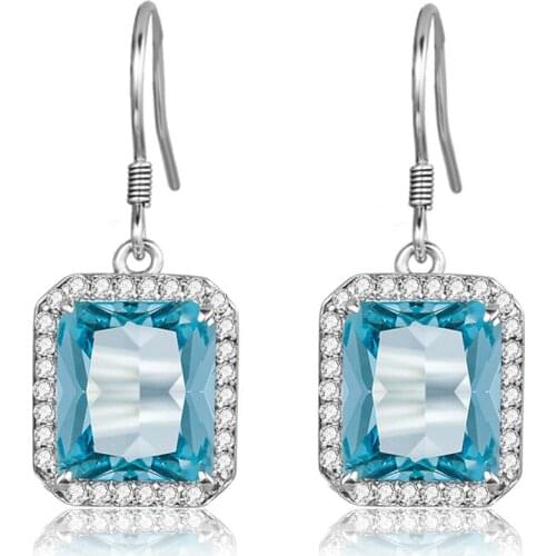 Szjinao Silver 925 Earrings Aquamarine Gemstone Women Earrings Vintage Fine jewelry With Diamonds Square Stone Birthday Gifts