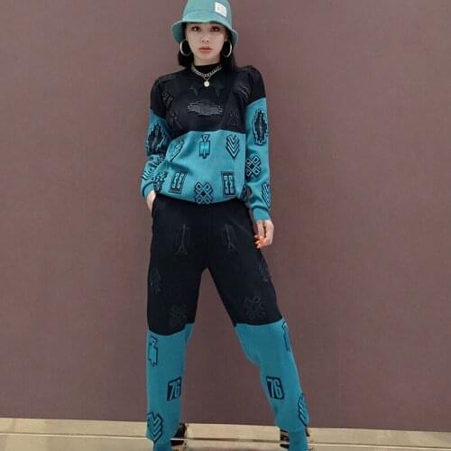 Fashion Patchwork Contrast Color Women Knit Sportswear Suit Autumn O Neck Pullover Knitwear Pencil Trousers Sets Casual Female