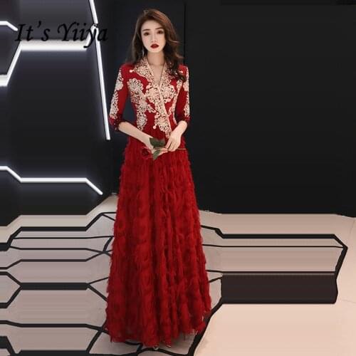 Its Yiiya Burgundy Evening Gown V-Neck Half Sleeve Elegant Plus Size Floor Length Dress Lace Zipper Evening Gown for Women K372
