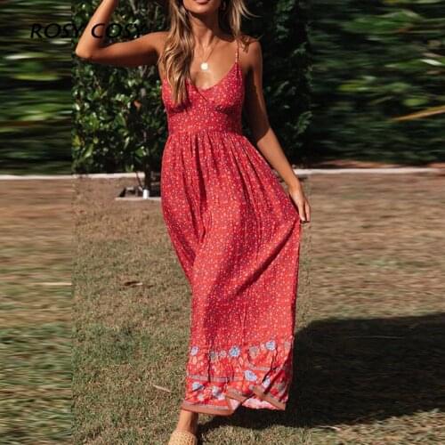 Vintage Floral Print Women Spaghetti Strap Maxi Dress Sexy V-Neck Backless Lady Beach Party Dress Summer Femme Patchwork Vestido