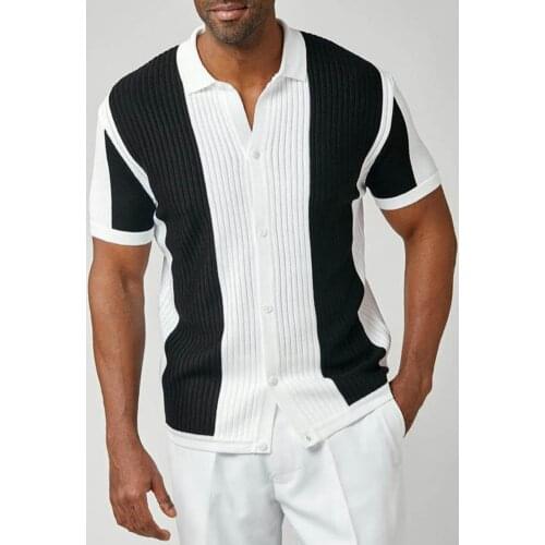 2021 Summer New Men Turn-down Collar Shirt Patchwork Buttons Ribbing Short Sleeve Breathable Knitted Shirt Streetwear for Male