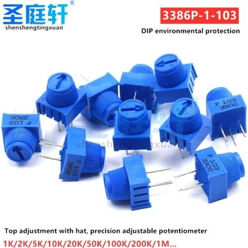 5pcs/lot 3386P-1-103 10K 1k 2k 5k 10k 20k.0.5W, 1/2W pin PC through adjustment hole potentiometer Cermet 1 Top turn adjustment