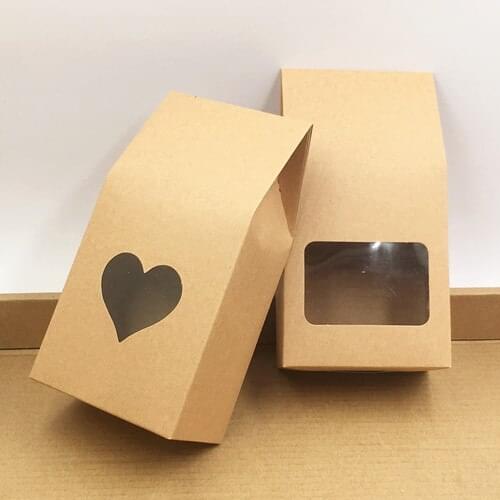 Paper Packaging Bags WithBTransparent Heart or Square PVC Window Kraft White Carboard Food Seal Bags For dry Snack/Cookie