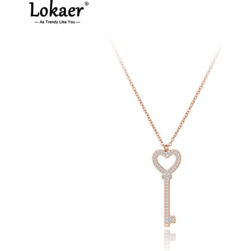 Lokaer Titanium Stainless Steel CZ Crystal Key Charm Pendant Necklace Bohemia Heart Link Chain Necklace For Women цепочка N21096