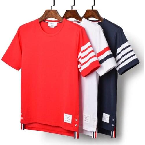 2021 Fashion TB THOM Brand T-Shirt Men Women Short Sleeve Casual Clothing Solid Stripe Summer Couple O-neck Cotton T-Shirts