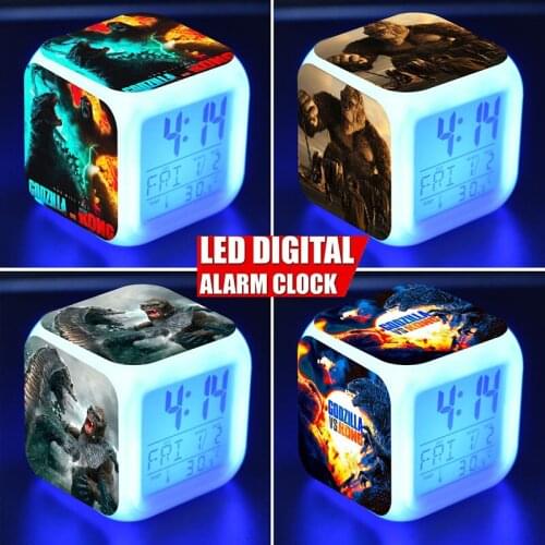 Godzilla Vs King Kong 7 Color Change Cube LED Digital Alarm Clock with Date Alarm Thermometer Desktop Table Kids Gift