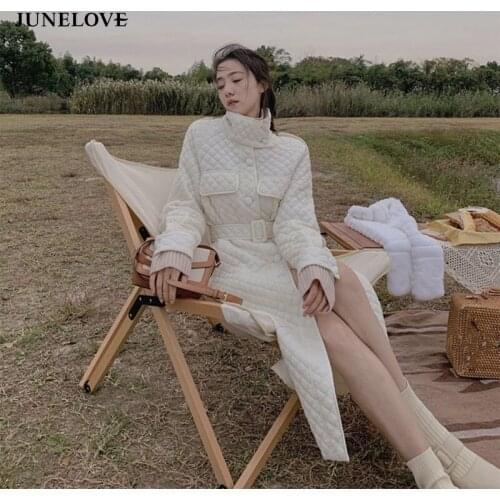 JuneLove Winter Long Straight Coat Rhombus Pattern Casual Sashes Women Parkas Vintage Pockets Argyle Long Plaid Bubble Outwears