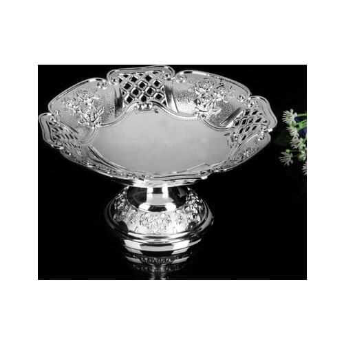 Classic round wave-opening floral carved embossed alloy metal fruit bowl desk sugar storage tray bandeja decorativa silver 2189